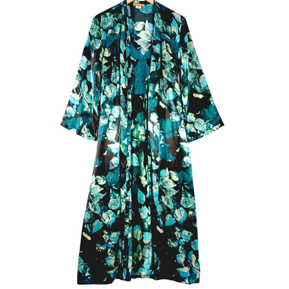 Sensara, Night Gown and Robe Set, Gown M, Robe S/M, Maxi, Deep Teal Floral Black